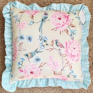 Shabby Décor Throw Pillow Pink Peonies Floral Tropical Birds Checked Ruffle